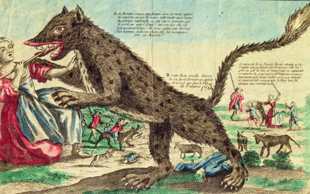 Attacks by the beast of Gevaudan in 1764 (colour engraving) od French School, (18th century)