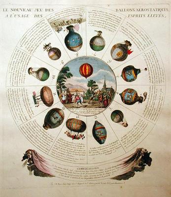 The Ballooning Game, with illustrations of different hot air balloons, c.1784 (coloured engraving) od French School, (18th century)