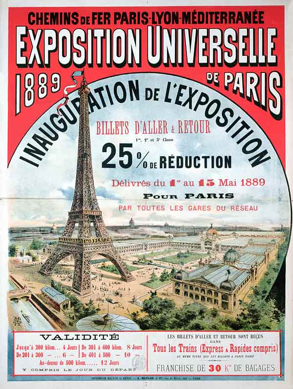 Poster advertising reduced price train tickets to the Exposition Universelle of 1889, from the Chemi od French School, (19th century)