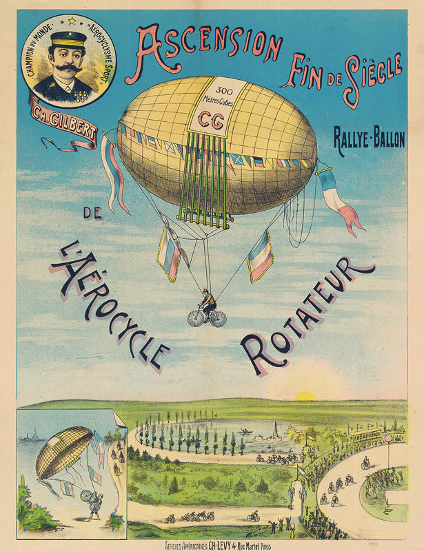 'L'Aerocycle Rotateur', advertising poster for the hot-air balloon bicycle od French School, (19th century)
