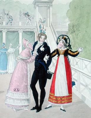 A dandy being courted by two masked women, from the series Le Bon Genre (hand-coloured engraving) od French School, (19th century)