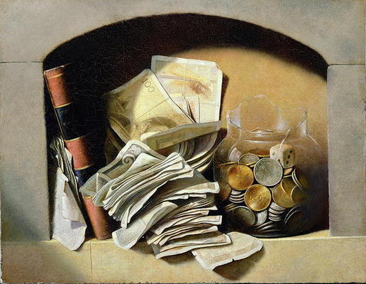 A trompe l'oeil of paper money, coins and a broken glass jar in a niche (oil on canvas) od French School, (19th century)
