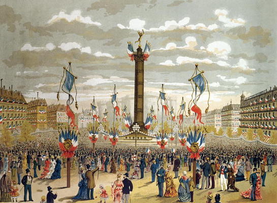 Celebration of the Quatorze Juillet at the Place de la Bastille, Paris, 14th July 1880 (colour litho od French School, (19th century)
