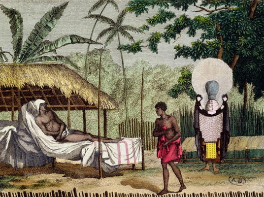 Funeral and mourning rites in Tahiti, 1811 (coloured engraving) od French School, (19th century)
