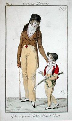 High necked waistcoat and short morning coat, from Costumes Parisiens, 1801 (coloured engraving) od French School, (19th century)