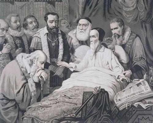 John Calvin (1509-1564) on his Death Bed (engraving) od French School, (19th century)