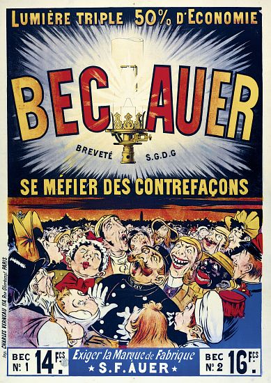 Poster advertising 'Becauer' petroleum lamps, printed by Charles Verneau od French School, (19th century)