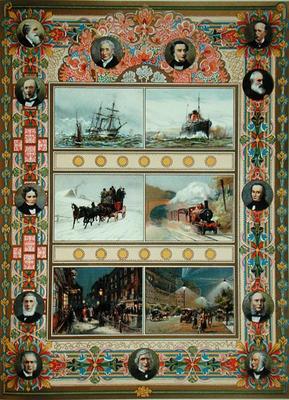 Progress during the reign of Queen Victoria (1819-1901). Sailing ships, steam ships, steam train and od French School, (19th century)