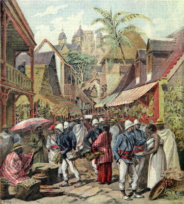 The Madagascar Expedition, French soldiers in a street in Tananarive, from 'Le Petit Journal', 27th od French School, (19th century)