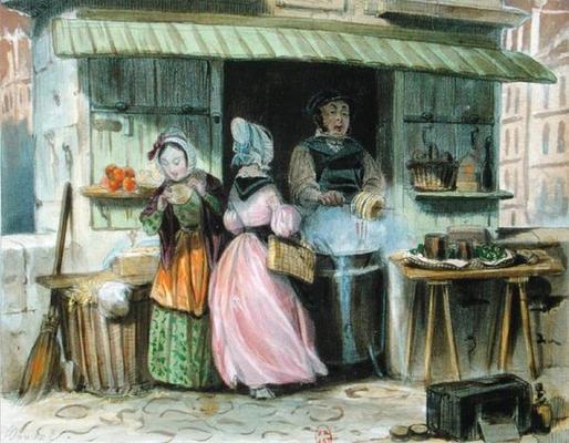 The merchant of 'oublies' in Paris, 1st half 19th century (colour litho) od French School, (19th century)