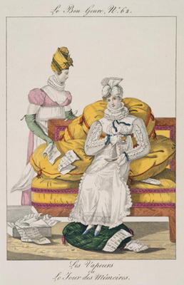 The Vapours or The Accounts Day, plate 62 from 'Le Bon Genre', 1813 (coloured engraving) od French School, (19th century)