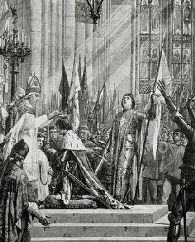 St. Joan of Arc (1412-31) at the Coronation of Charles VII (reg.1422-61) in 1429 (engraving)
