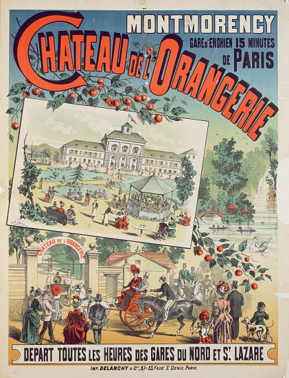 Travel poster advertising trips by train from Paris to the 'Chateau de l'Orangerie' at Montmorency od French School, (19th century)