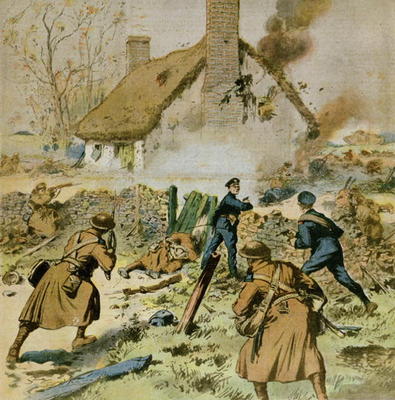 Attack by police and British troops on a farm occupied by the Sinn-Fein, cover of 'Le Petit Journal' od French School, (20th century)