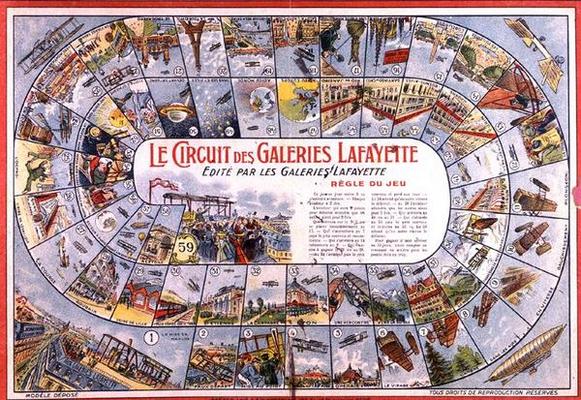 'Le Circuit des Galeries Lafayette': Game of Snakes and Ladders before 1914 (colour engraving) od French School, (20th century)