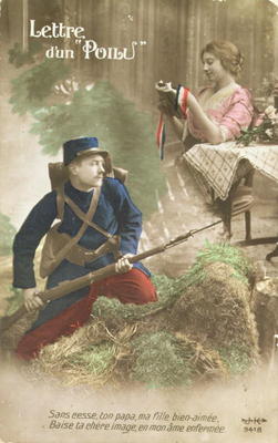 Postcard depicting a letter from a Poilu, 1914-18 (coloured photo) od French School, (20th century)