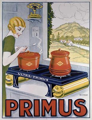 Poster advertising the Primus hob, printed by Dampenon & Elarue (colour litho) od French School, (20th century)