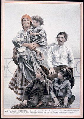 Poster of a European immigrant family on Ellis Island, 1910 (colour litho) od French School, (20th century)