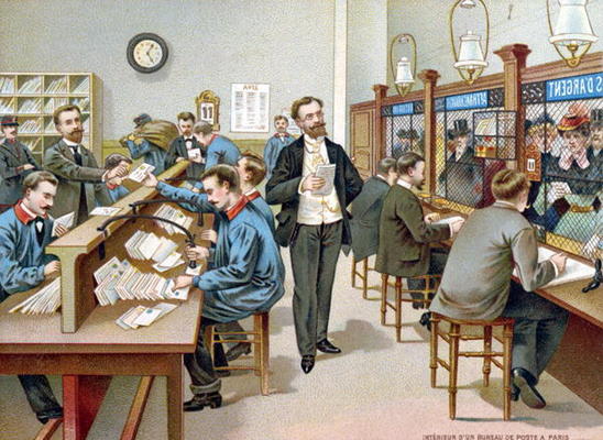 Sorting the Post in a Parisian Post Office, illustration from a Post Office calendar, 1904 (colour l od French School, (20th century)