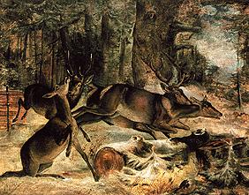 Wall picture in the yolk house in the Forstenrieder park near Munich: E red deer pack on the flight