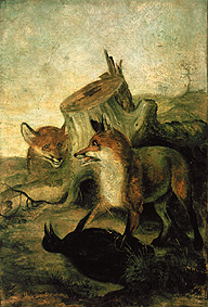 Wall picture in the yolk house in the Forstenrieder park near Munich: Foxes with bag od Friedrich Anton Wyttenbach