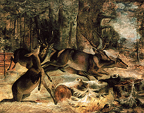 Wall picture in the yolk house in the Forstenrieder park near Munich: E red deer pack on the flight od Friedrich Anton Wyttenbach