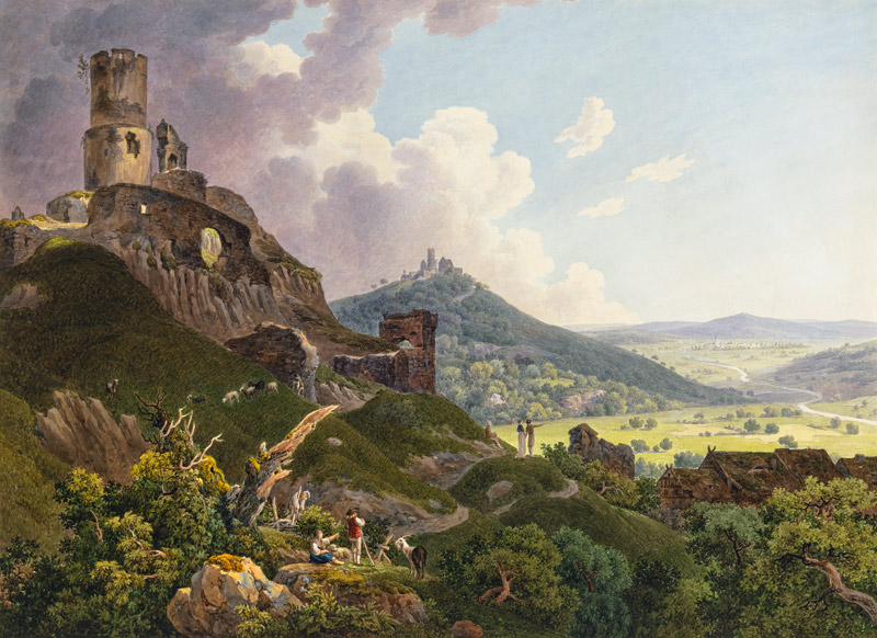 Die Ruinen Gleiberg und Vetzberg bei Gießen, links die beiden Burgruinen auf Bergen, rechts ein weit od Friedrich Christian Reinermann