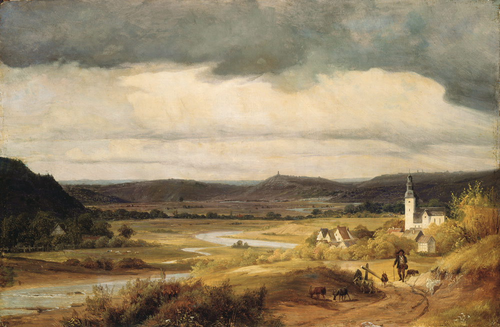 Deutsche Landschaft (Das Lennetal bei Hohensyburg mit der Kirche von Elsey) od Friedrich Heunert