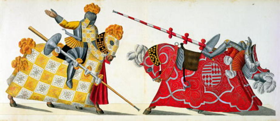 Two knights at a tournament, plate from 'A History of the Development and Customs of Chivalry', by D od Friedrich Martin von Reibisch