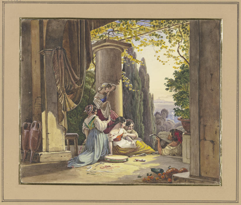 Italienische Terrasse mit Mädchen und Lautenspieler od Friedrich Nerly