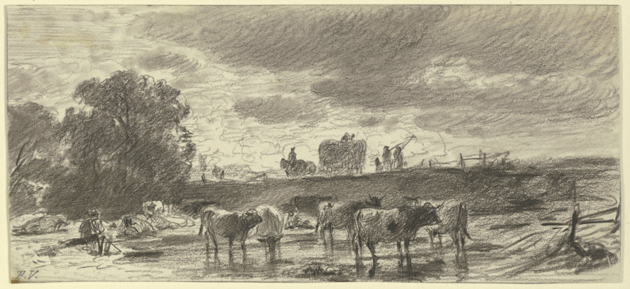 Landschaft in Gewitterstimmung mit einer Viehherde im Vordergrund und einem Erntewagen am Horizont od Friedrich Voltz