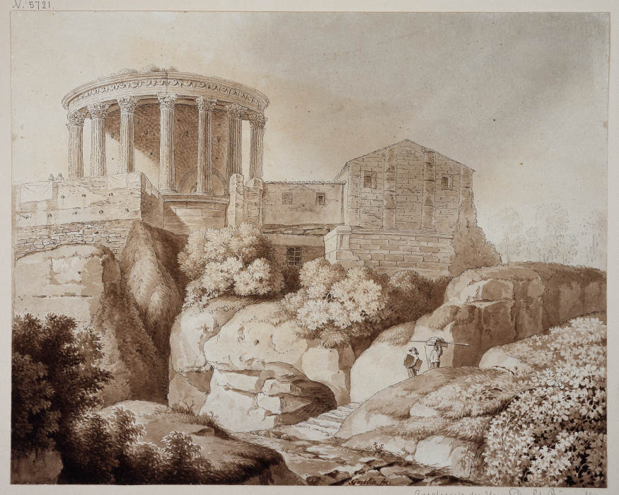 Der sogenannte Sibyllentempel zu Tivoli, der Tempel steht von Gebäuden umgeben über baumbestandenen  od Friedrich Wilhelm Gmelin