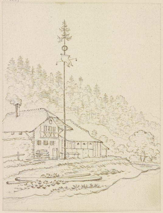 Bauernhäuser am Waldrand, davor ein Maibaum od Friedrich Wilhelm Hirt