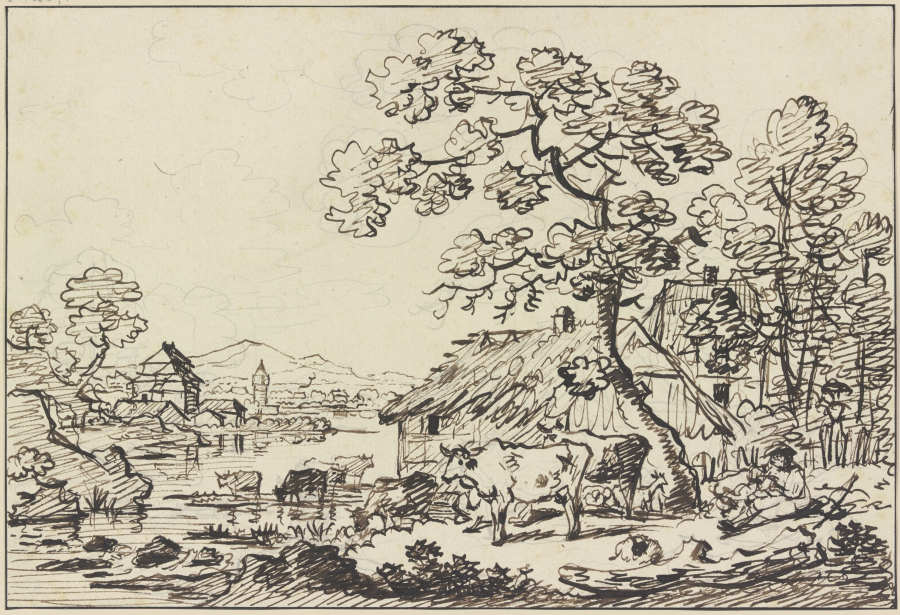 Gehöft an einem Fluß, im Vordergrund eine Viehherde od Friedrich Wilhelm Hirt