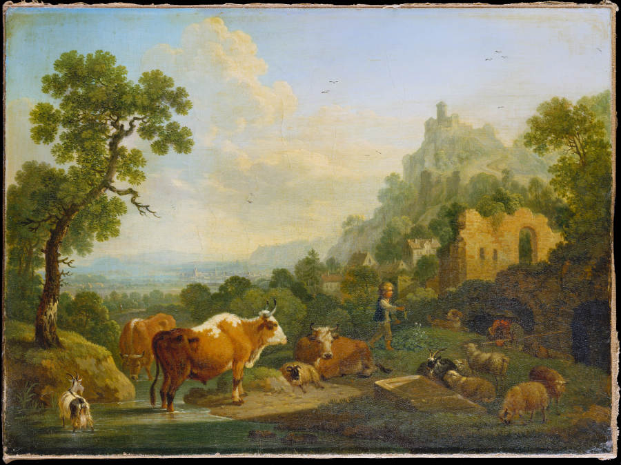 Landscape with Farm Animals at a Brook od Friedrich Wilhelm Hirt