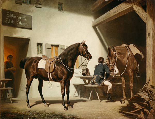 The horse Luitprant in front of the Schluxerwirt od Friedrich Wilhelm Pfeiffer
