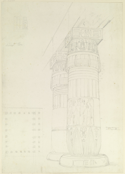 Ägyptische Säulen mit Architrav, daneben Grundriss eines Säulenhofes od Friedrich Maximilian Hessemer