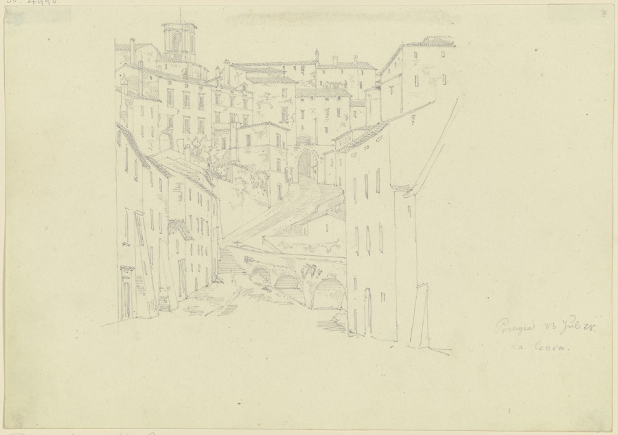 Die Via S. Ercolano mit der Porta Cornea in Perugia od Friedrich Maximilian Hessemer