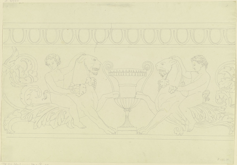 Zwei auf mit Weinlaub geschmückten Löwen reitende Satyrn, eine Vase flankierend od Friedrich Maximilian Hessemer