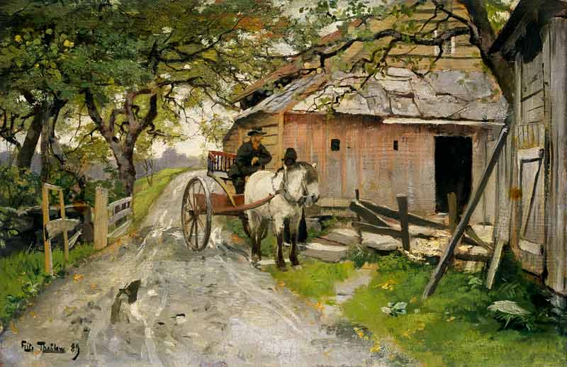 A small chat in front of the farmhouse. od Frits Thaulow