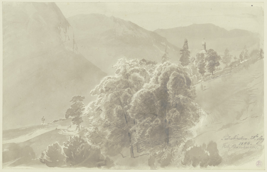 Gebirgslandschaft, im Vordergrund Baumgruppe, aus der ein Kirchturm hervorsieht od Fritz Bamberger