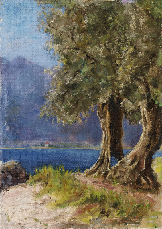 Olivenbaumgruppe an einem italienischen See od Fritz Hauck