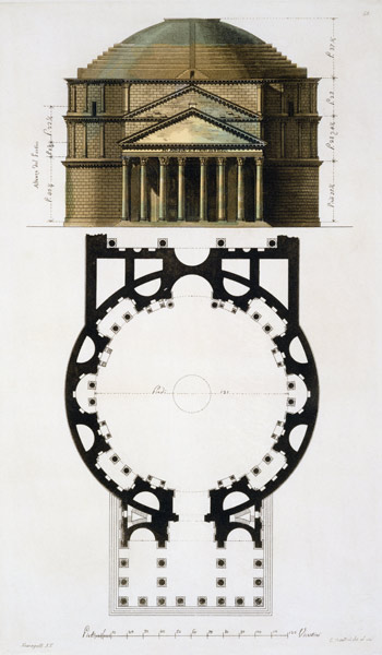 Ground plan and facade of the Pantheon, Rome, from 'Le Costume Ancien et Moderne' by Jules Ferrario, od Fumagalli