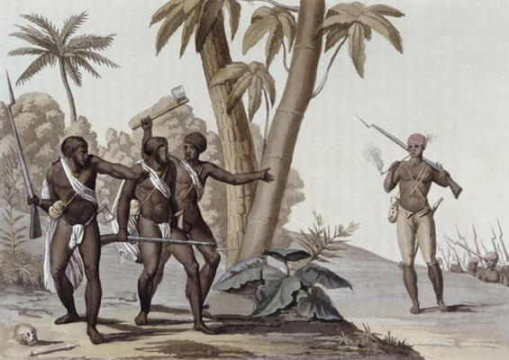 Freed slaves hunting down escaped slaves in Surinam, Guiana, illustration from 'Le Costume Ancien et od G. Bramati