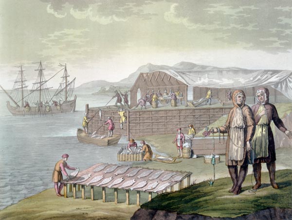 The fishing industry, Newfoundland, from 'Le Costume Ancien et Moderne', Volume II, plate 36, by Jul od G. Bramati