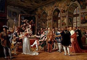 Raphael shows King Francis I. of France his work "Holy Family" od Gabriel Lemonnier
