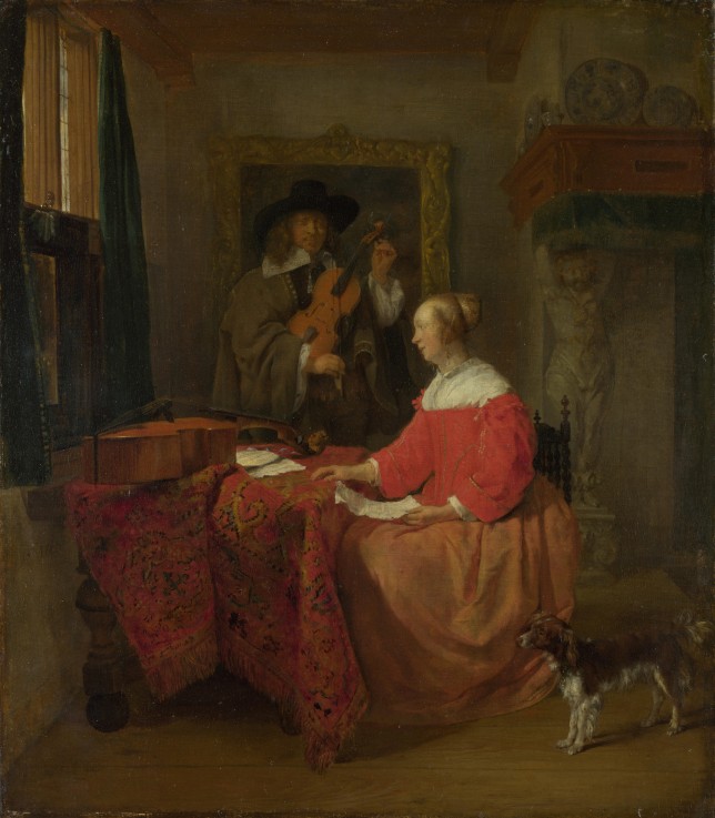 A Woman seated at a Table and a Man tuning a Violin od Gabriel Metsu