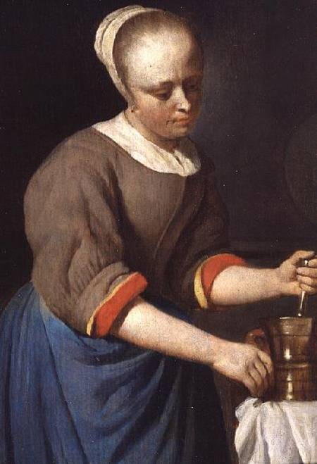 Young girl with a pestle and mortar od Gabriel Metsu