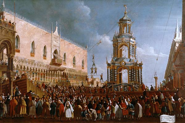 The Festival of Giovedi Grasso in the Piazzetta of San Marco, Venice od Gabriele Bella