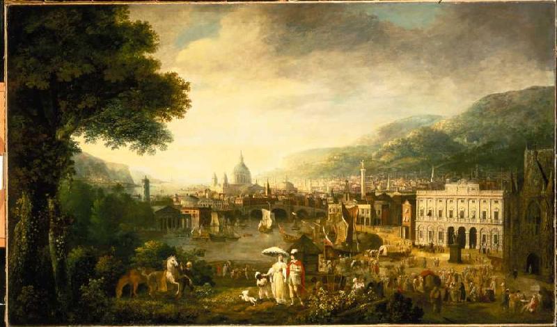 View of London as a mediteraner port and piece Pauls cathedral in the background. od Gabriele Ricciardelli (Umkreis)